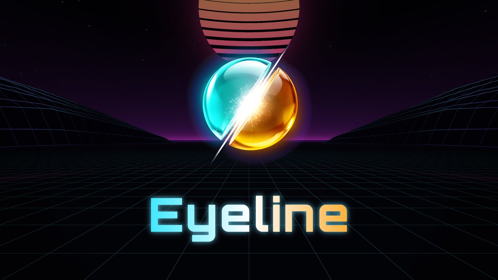 Eyeline: a split orb, cyan and amber, over a neon grid under a striped sun