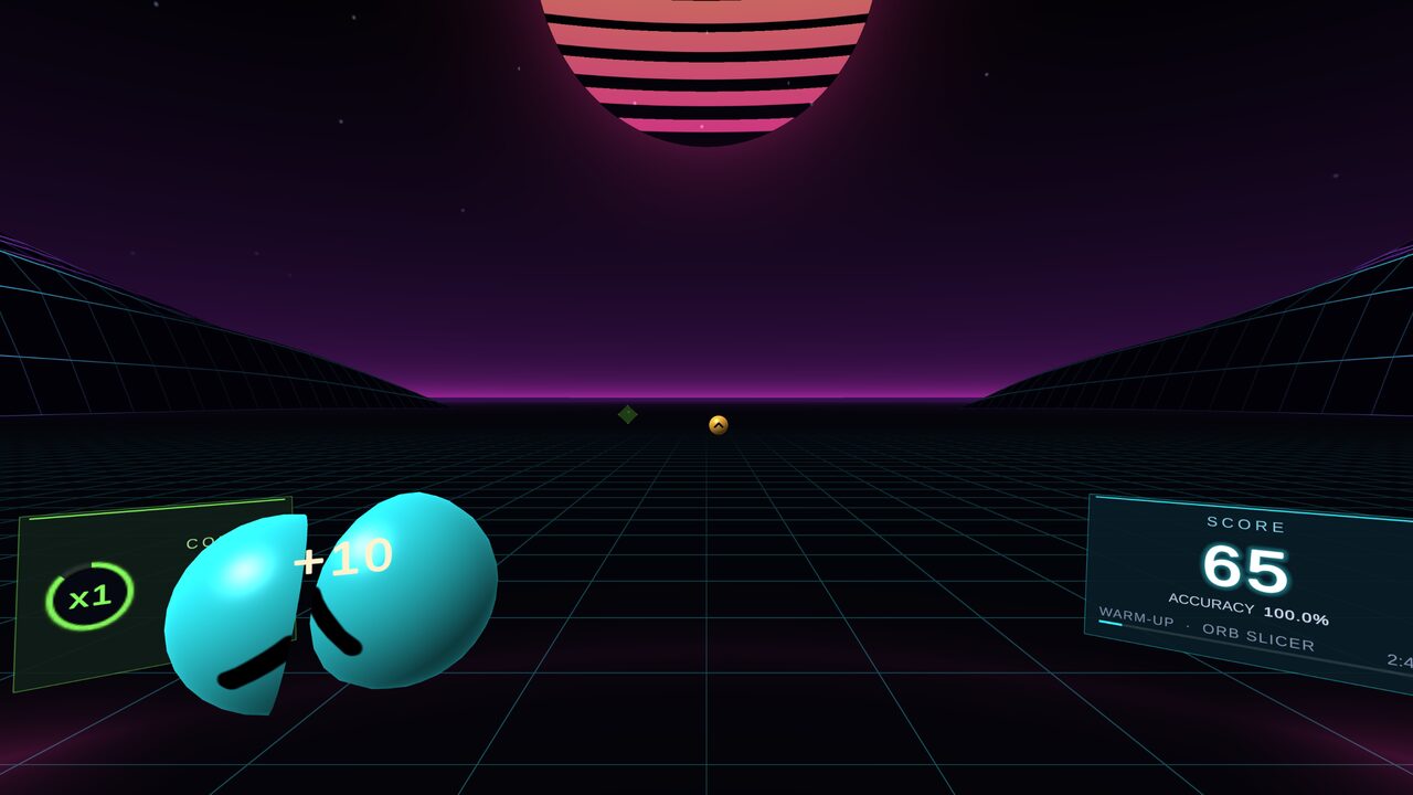 Orb Slicer: a cyan orb cut in two by a blade, on a neon grid