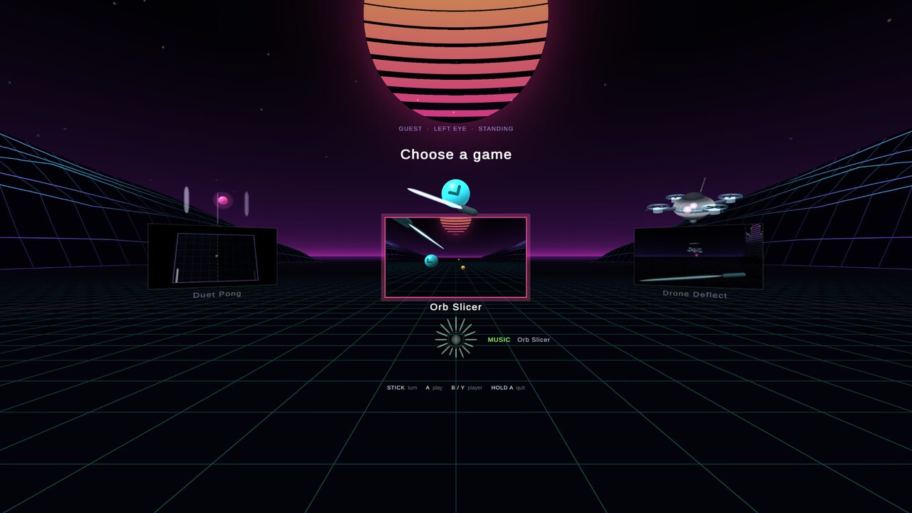 The game picker: the games on screens in a ring under a striped sun
